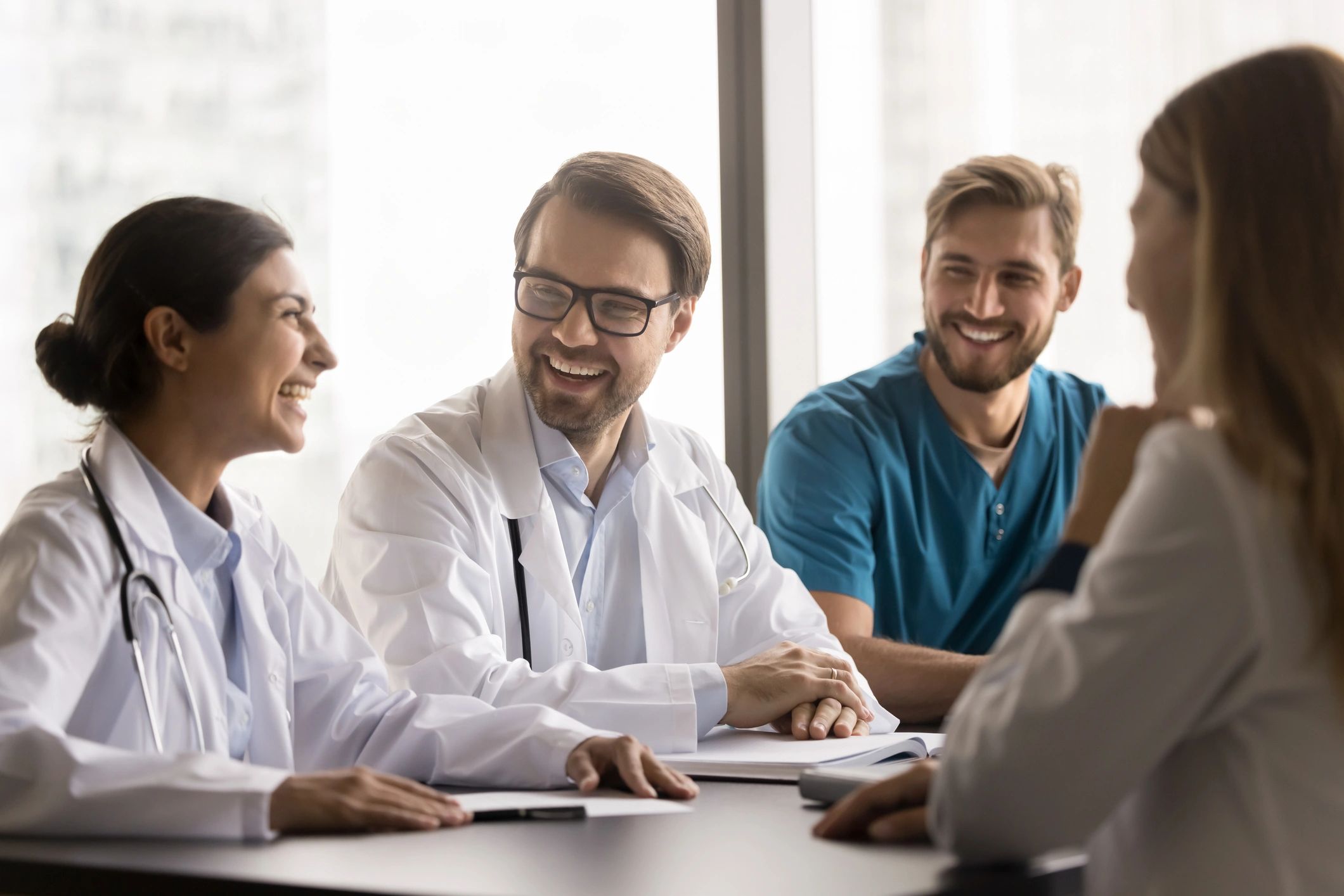 Healthcare team members collaborating together